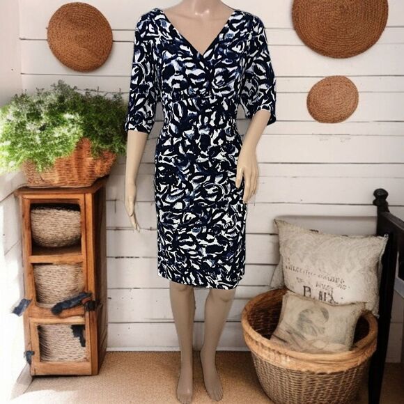 LRL Ralph Lauren Dress Sz XL Slinky Stretch Surplice Blue White Career Corpcore - Picture 1 of 16